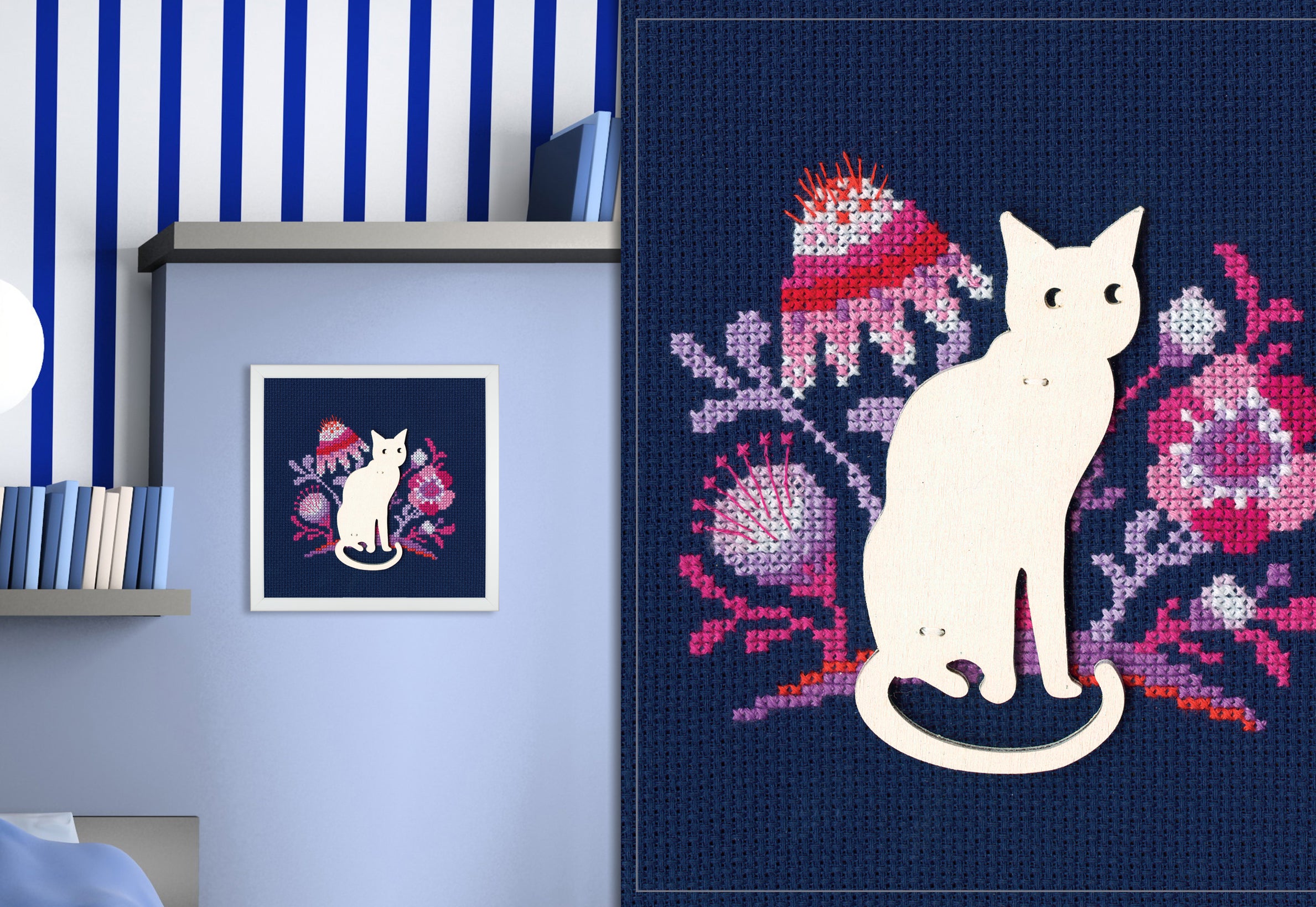 Cat CBE9005 cross stitch kit featuring blue Aida 14 canvas, 100% cotton threads, and a plywood form for display.