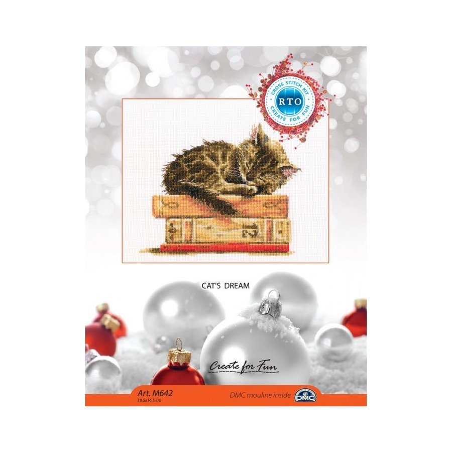 Cat's Dream M642 Counted Cross Stitch Kit featuring Aida 14 canvas, DMC threads, and detailed instructions for crafting.