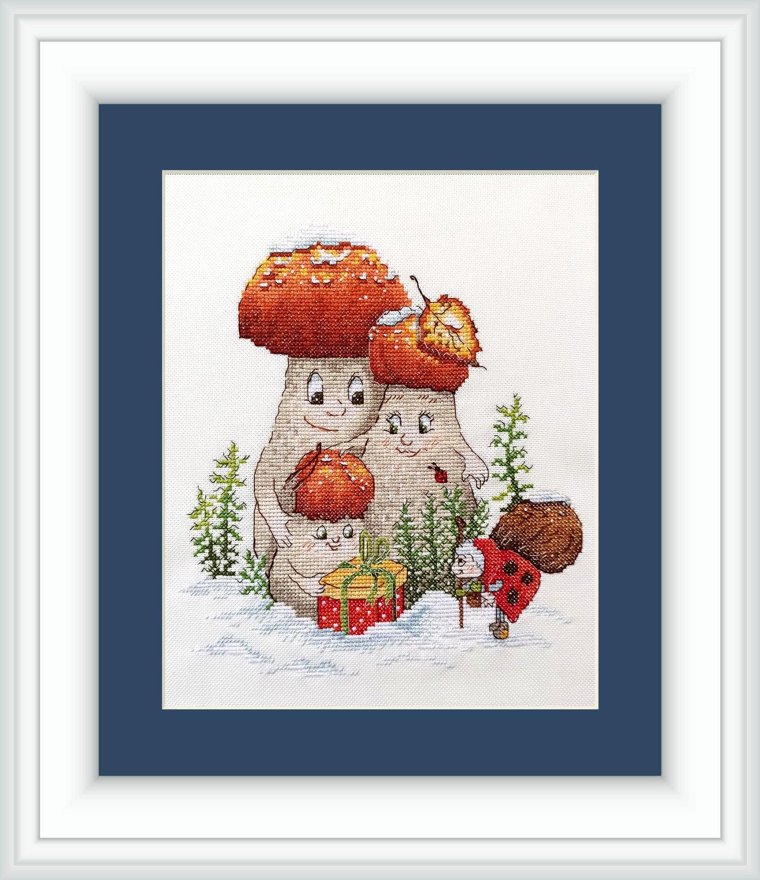 Celebration in the Forest VL-31 Counted Cross-Stitch Kit featuring a whimsical mushroom family in a winter setting.