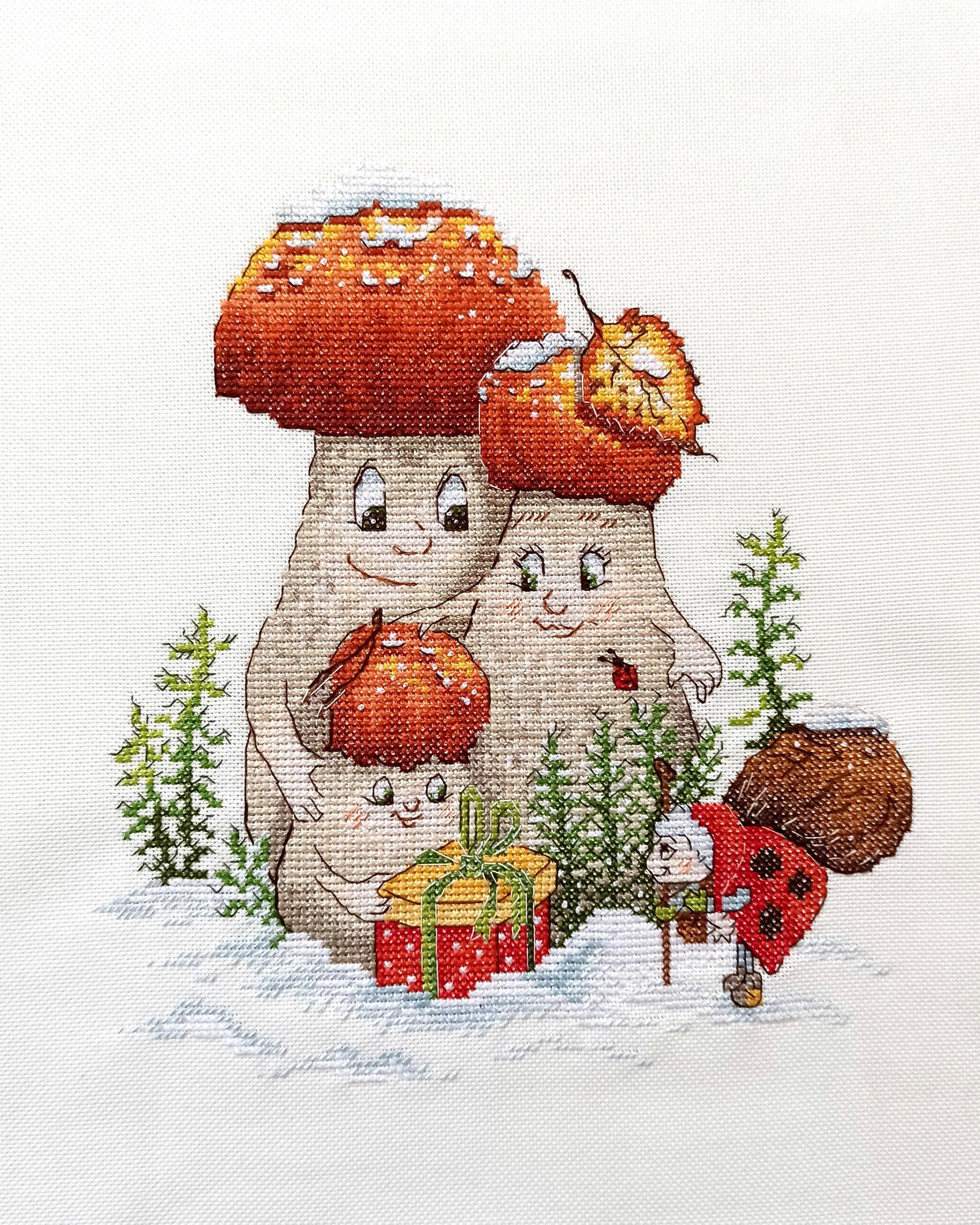 Celebration in the Forest VL-31 Counted Cross-Stitch Kit featuring a whimsical mushroom family in a winter setting.