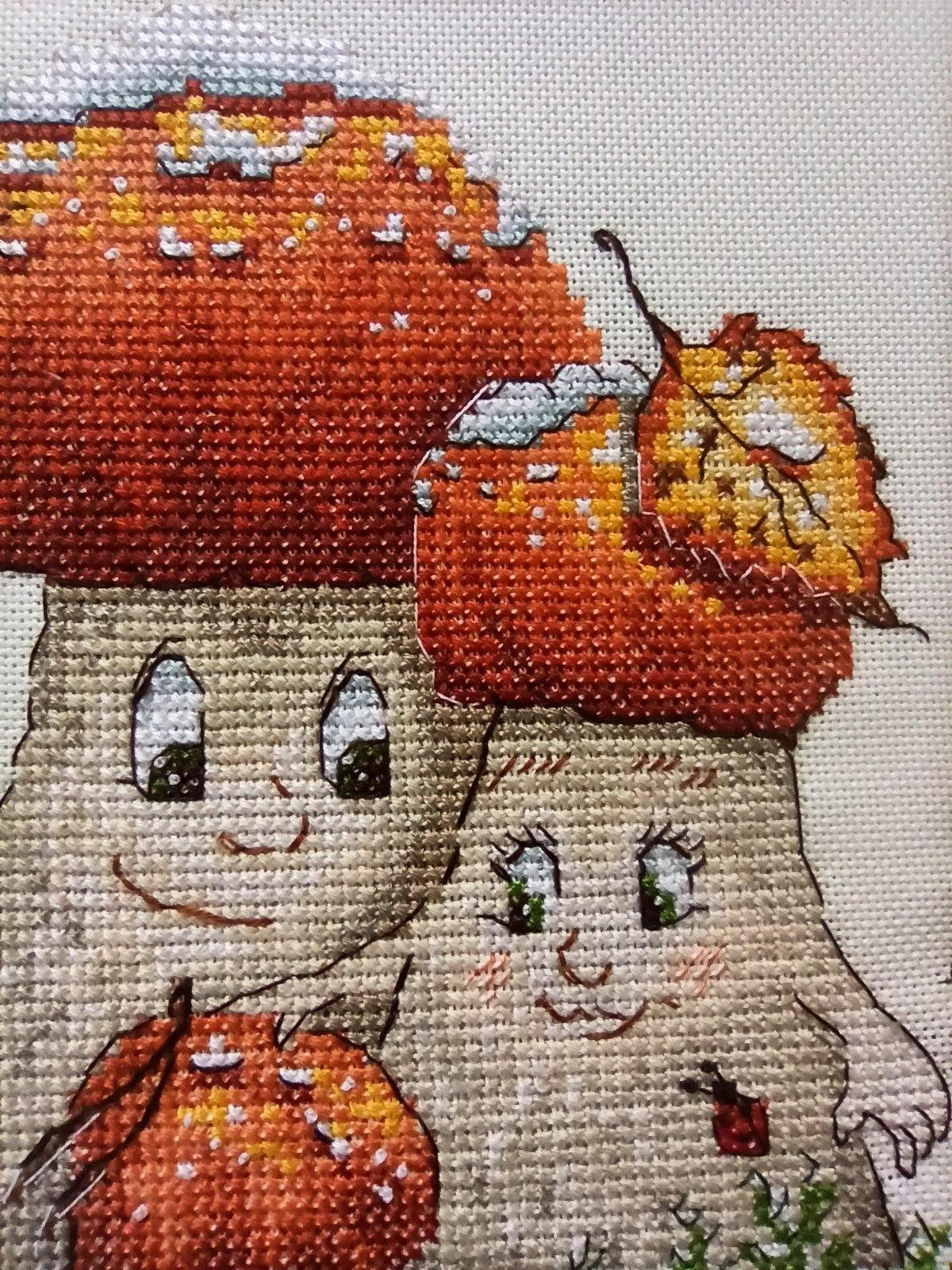 Celebration in the Forest VL-31 Counted Cross-Stitch Kit featuring a whimsical mushroom family in a winter setting.