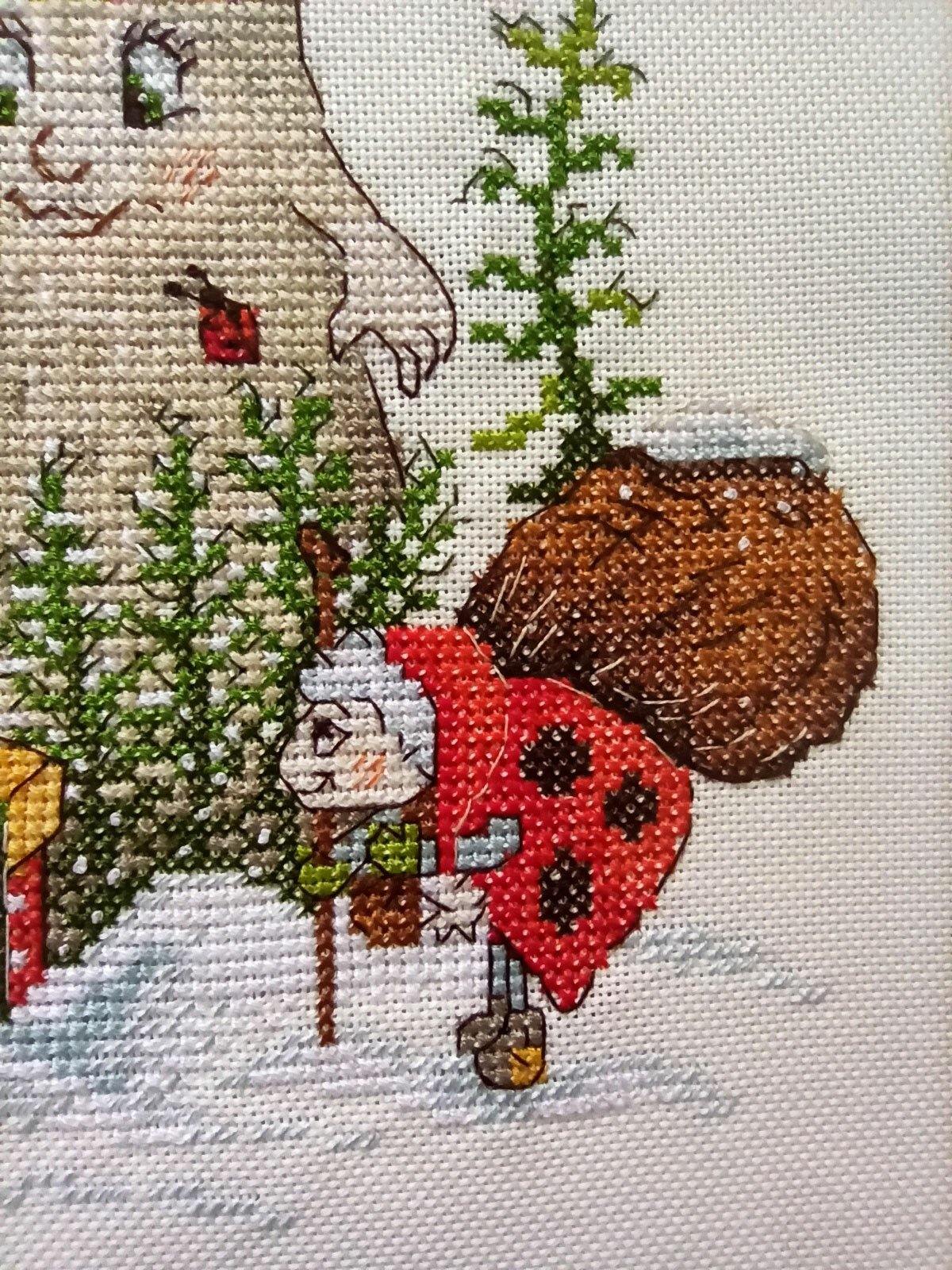 Celebration in the Forest VL-31 Counted Cross-Stitch Kit featuring a whimsical mushroom family in a winter setting.