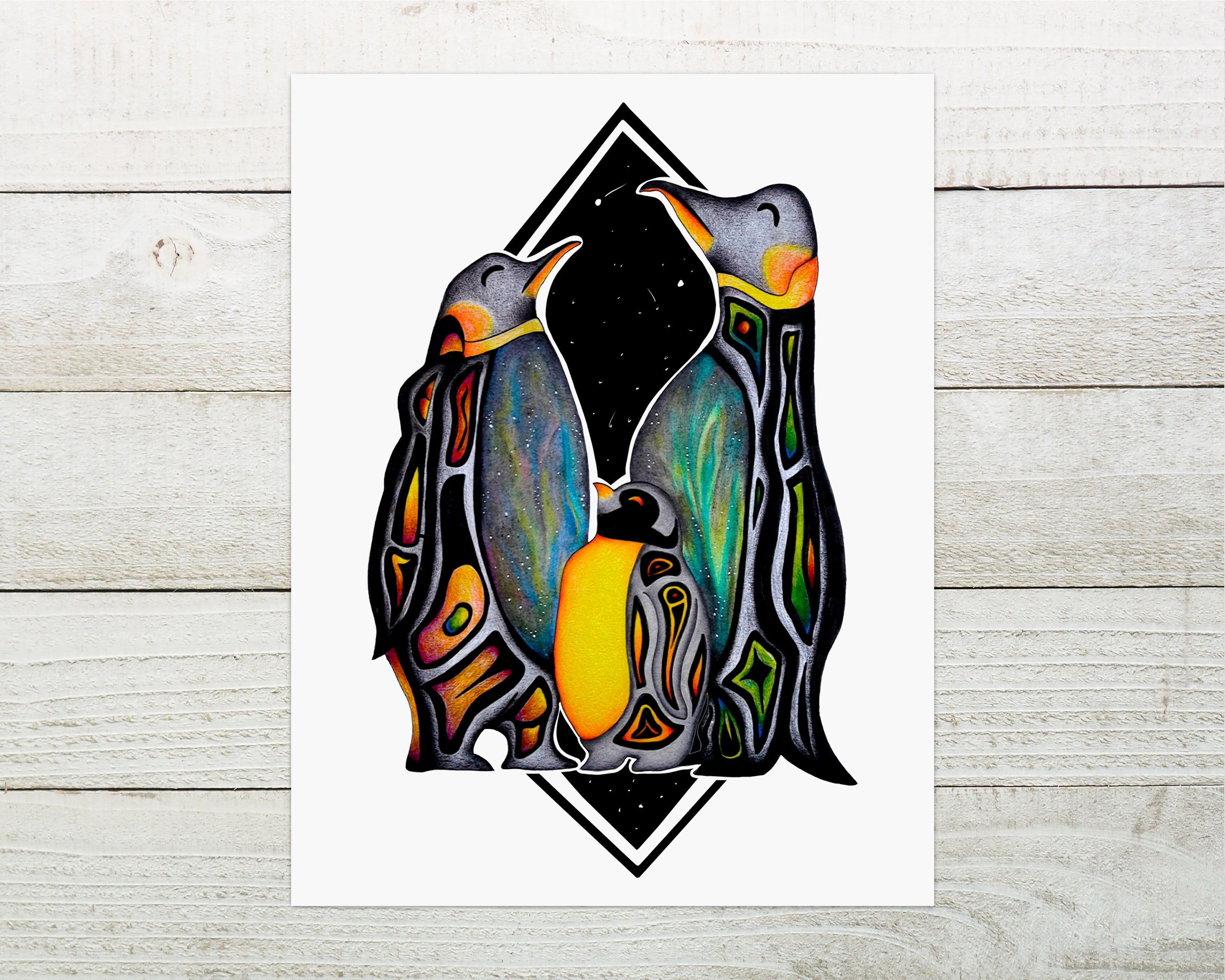 Celestial Penguin Art Print featuring whimsical characters Mary, Bob, and Sue, beautifully printed on matte paper.