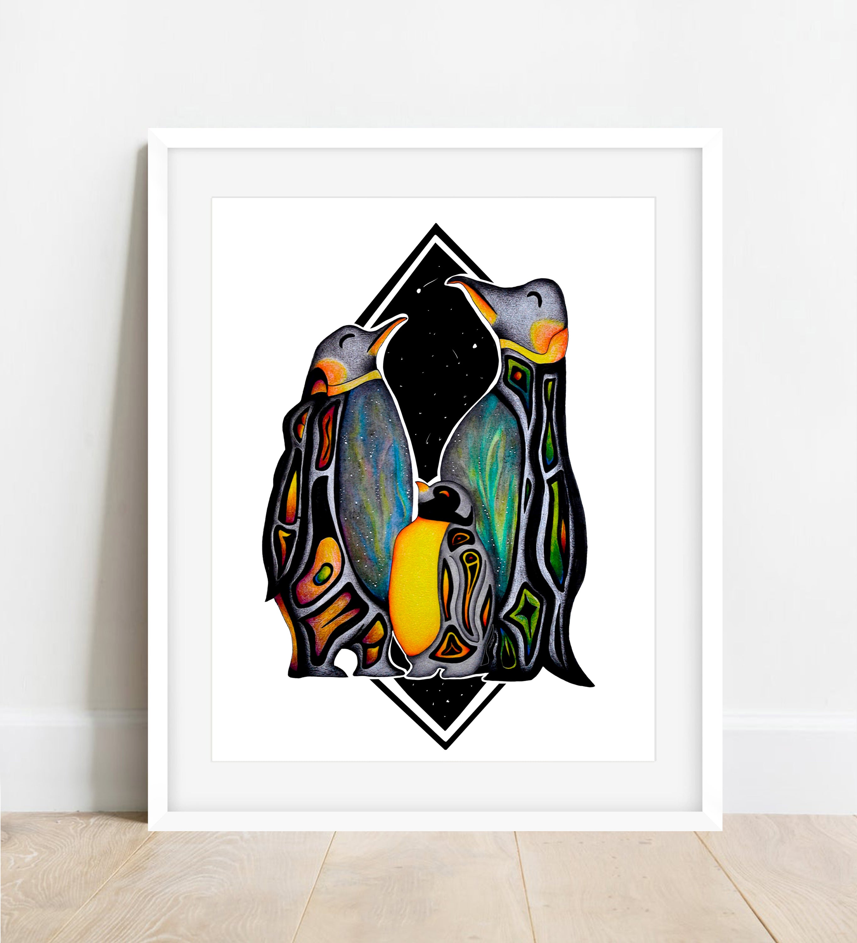 Celestial Penguin Art Print featuring whimsical characters Mary, Bob, and Sue, beautifully printed on matte paper.