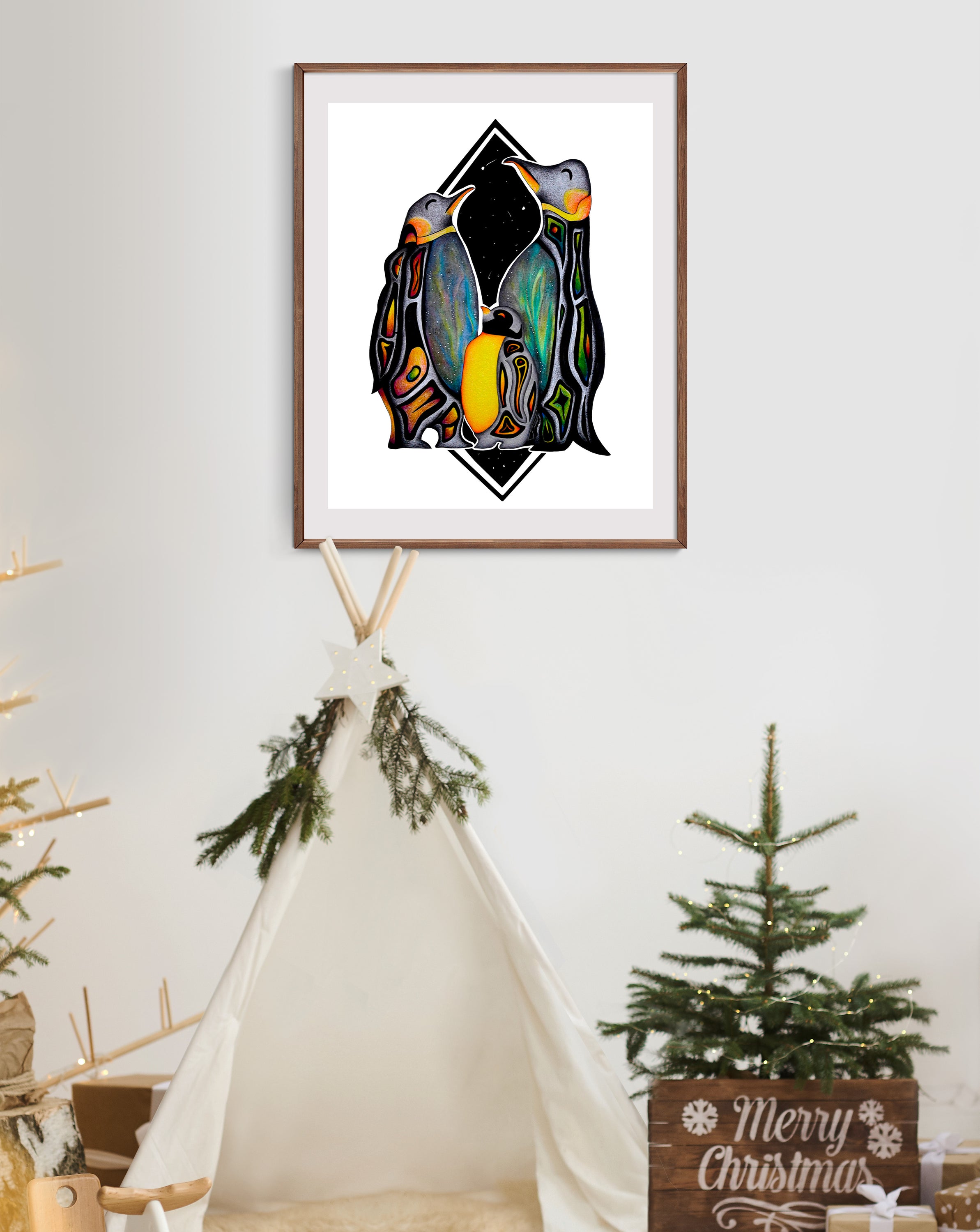 Celestial Penguin Art Print featuring whimsical characters Mary, Bob, and Sue, beautifully printed on matte paper.