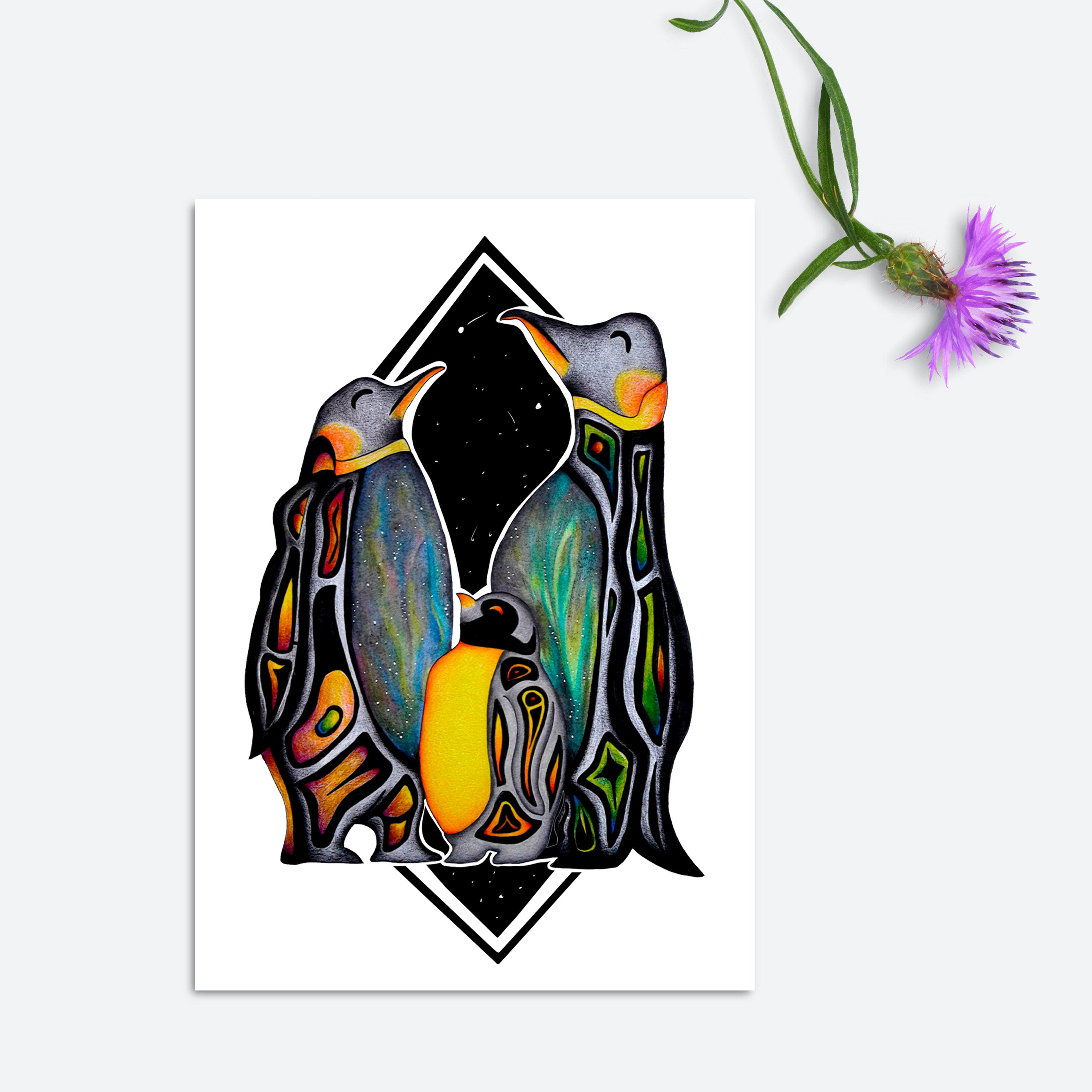 Celestial Penguin Art Print featuring whimsical characters Mary, Bob, and Sue, beautifully printed on matte paper.