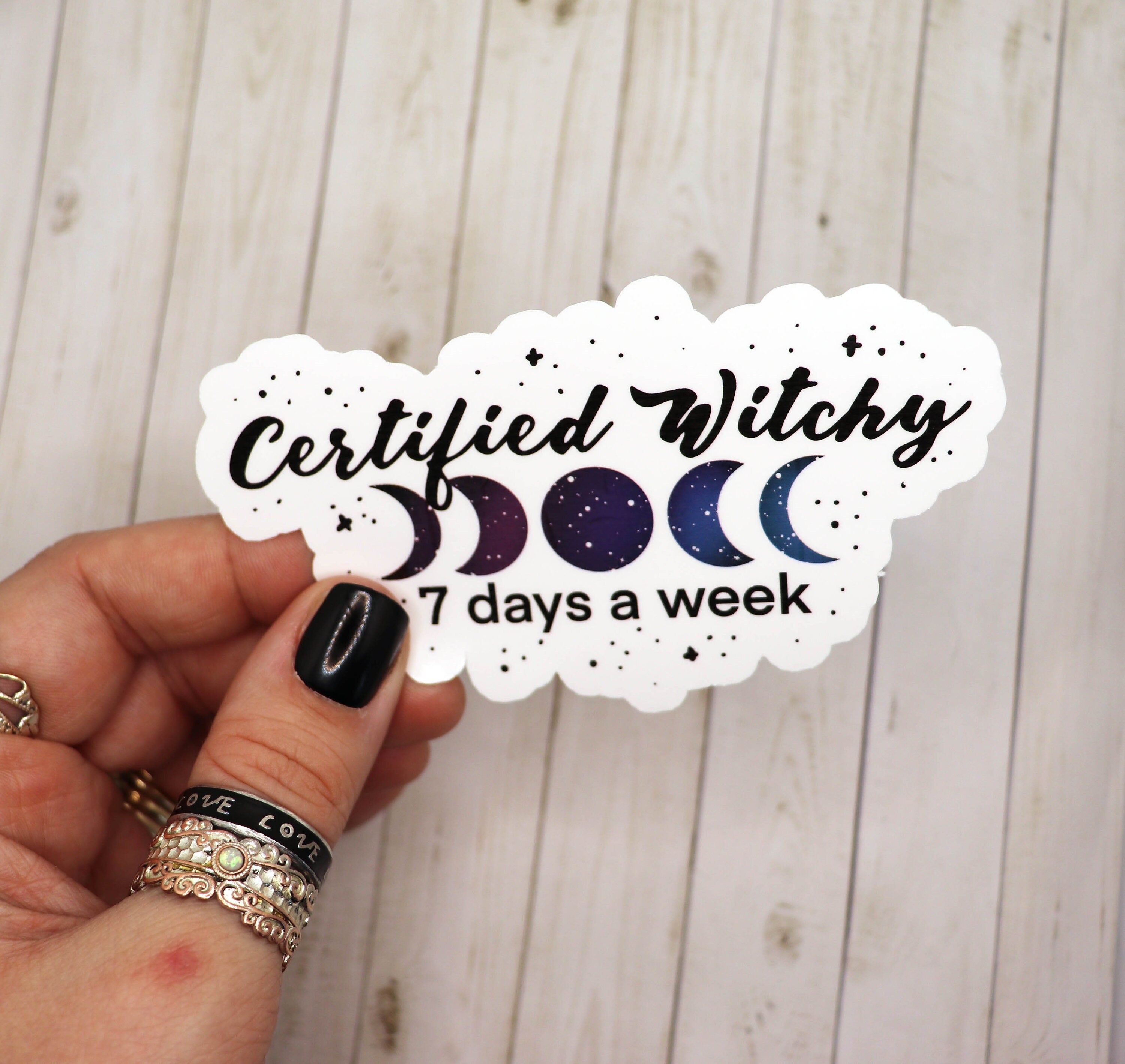 A vibrant 3-inch vinyl sticker featuring the phrase 'Certified Witchy 7 Days a Week' on a matte background, perfect for personalizing various items.