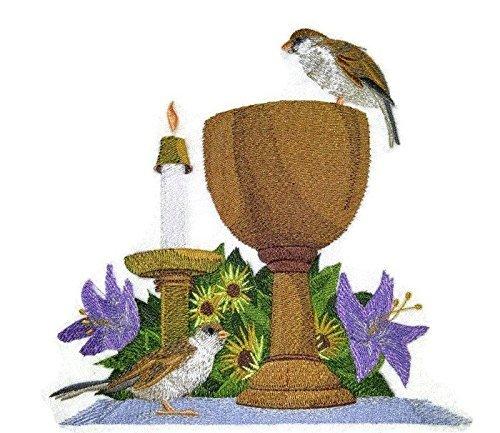 Chalice and Sparrows embroidered patch with intricate design on a cotton base, ideal for iron-on or sew-on application.