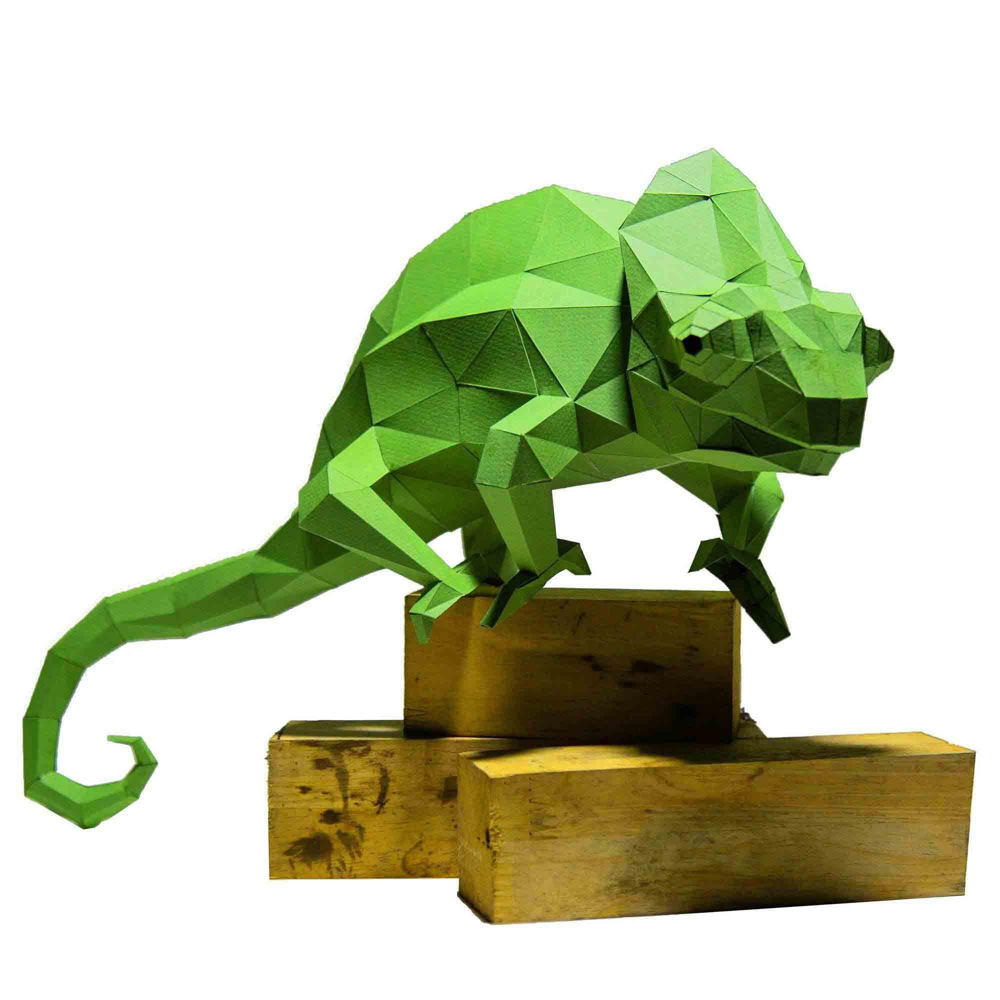 Chameleon 3D Model crafted from durable paperboard, showcasing vibrant colors and intricate details, perfect for home or office decor.