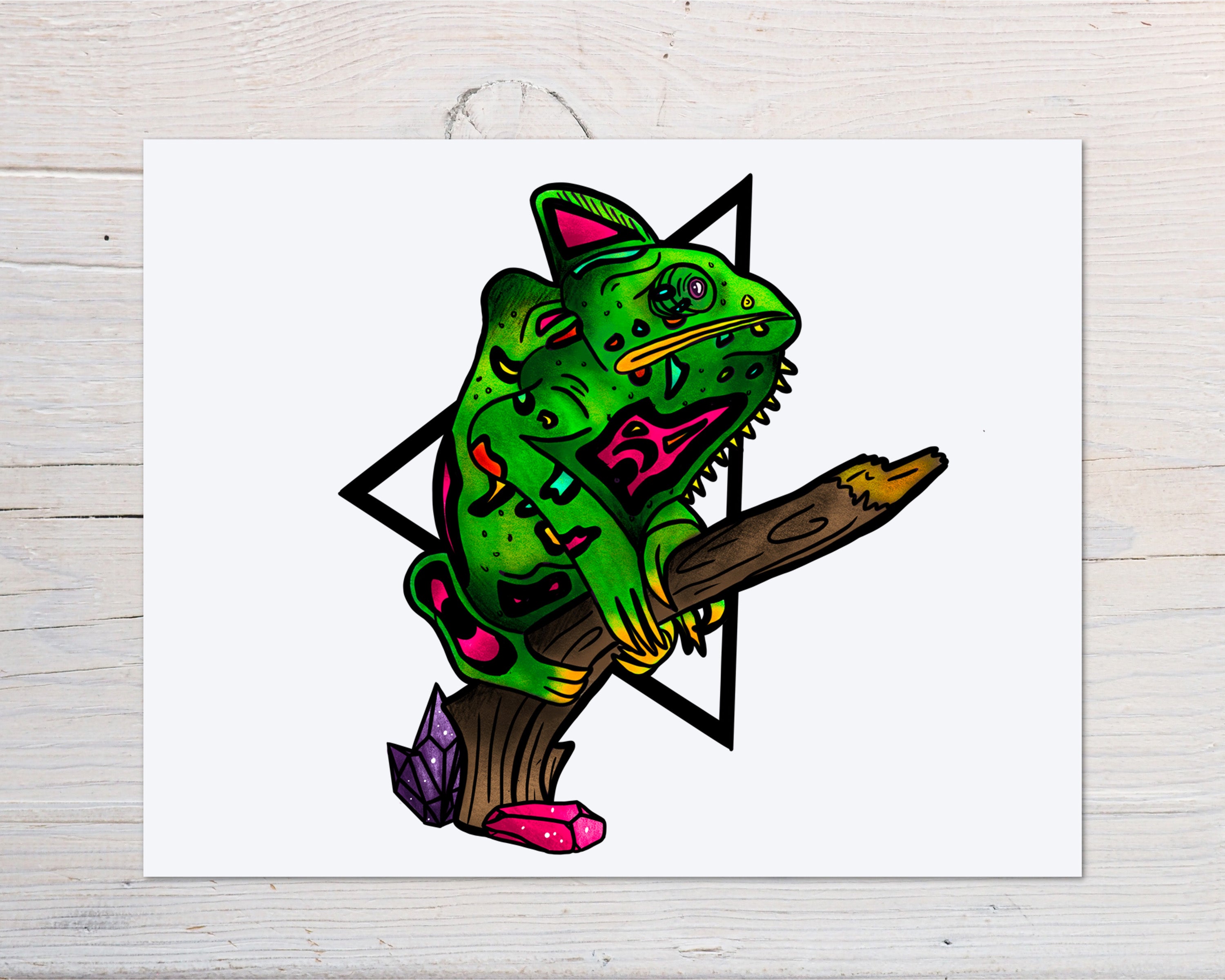 Chameleon Art Print titled 'Karma, 2022', showcasing vibrant colors and intricate details on high-quality matte paper.