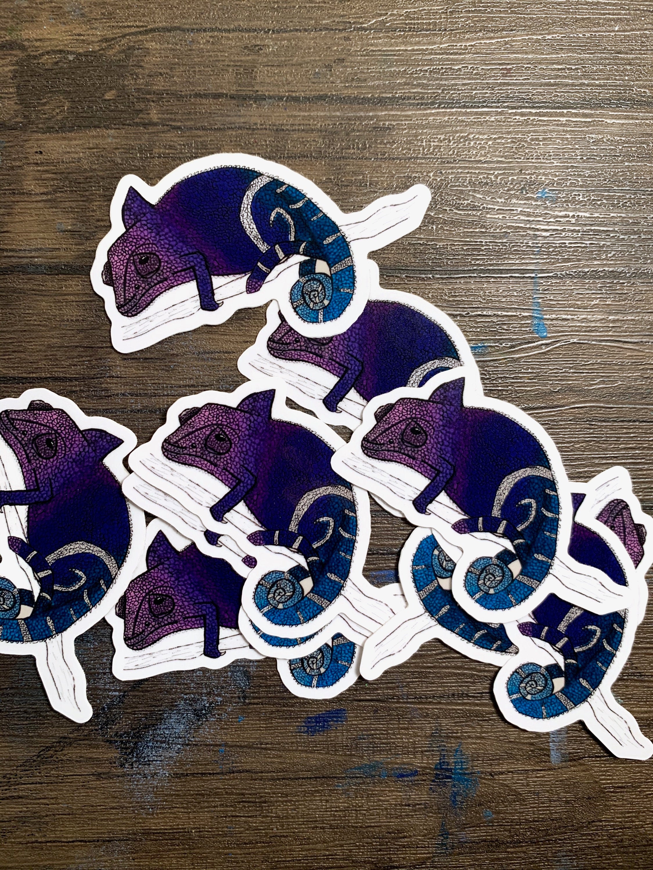 A colorful chameleon sticker designed for customization, featuring vibrant colors and a playful design, perfect for hydroflasks and laptops.