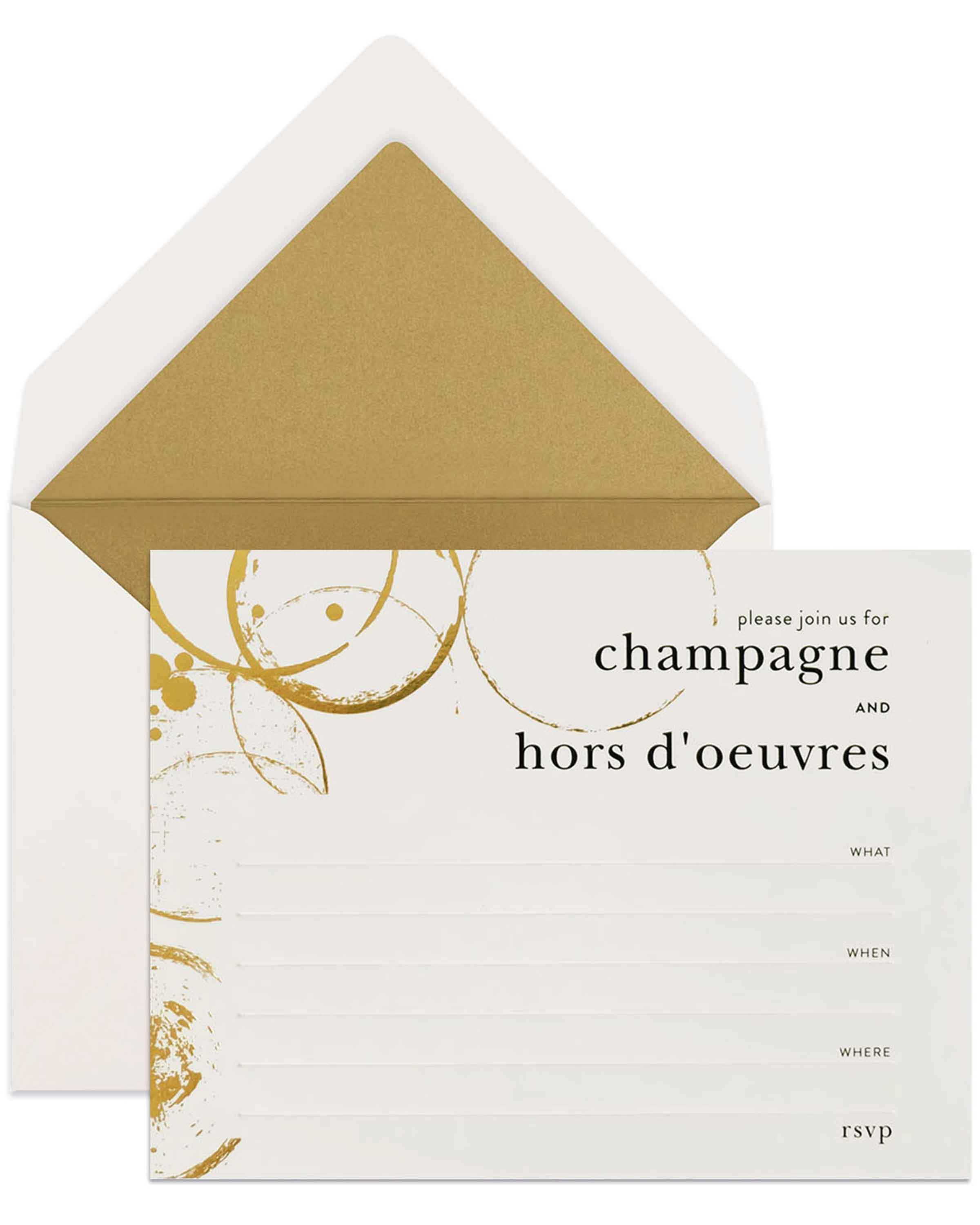 A stylish box set of Champagne & Hors D'oeuvres Invitations featuring elegant black deboss finish and lined envelopes.