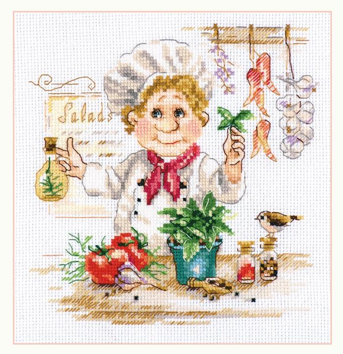 Chef 6-11 Cross-stitch kit featuring white aida fabric, colorful threads, and an embroidery needle.