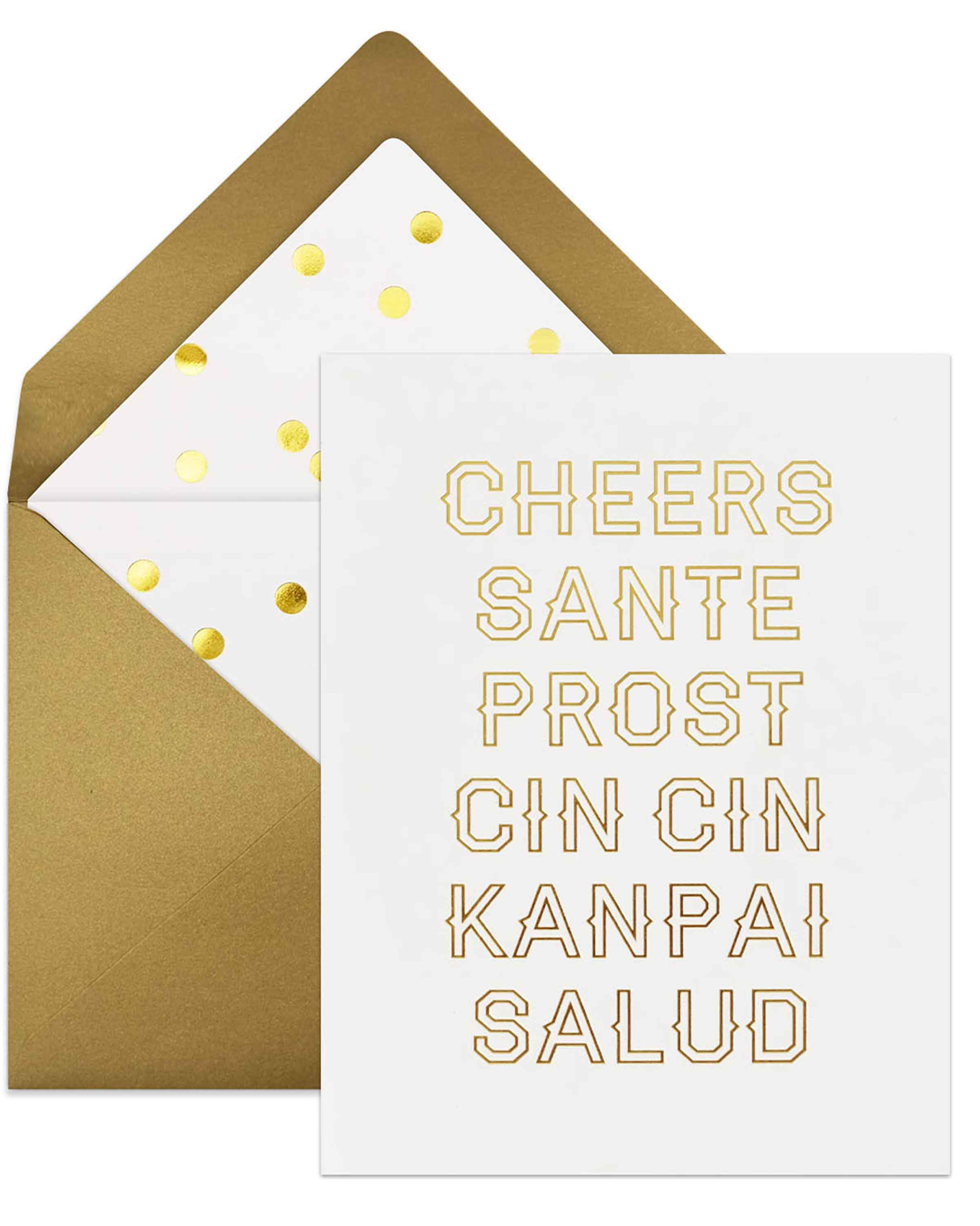 Stylish Cheers card with gold foil accents and lined envelope, perfect for celebrations.