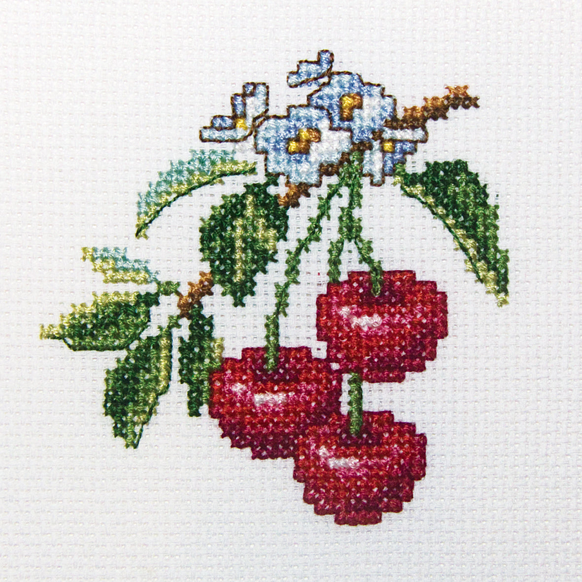 Cherry H250 Counted Cross Stitch Kit with Aida fabric, DMC threads, and instructions for embroidery.