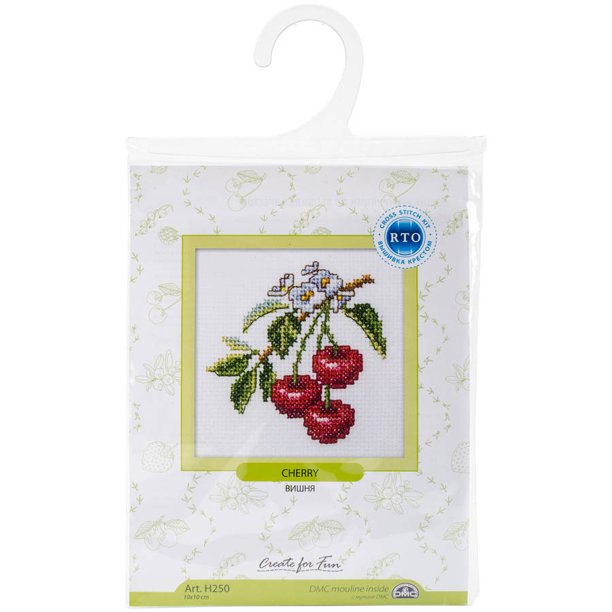 Cherry H250 Counted Cross Stitch Kit with Aida fabric, DMC threads, and instructions for embroidery.