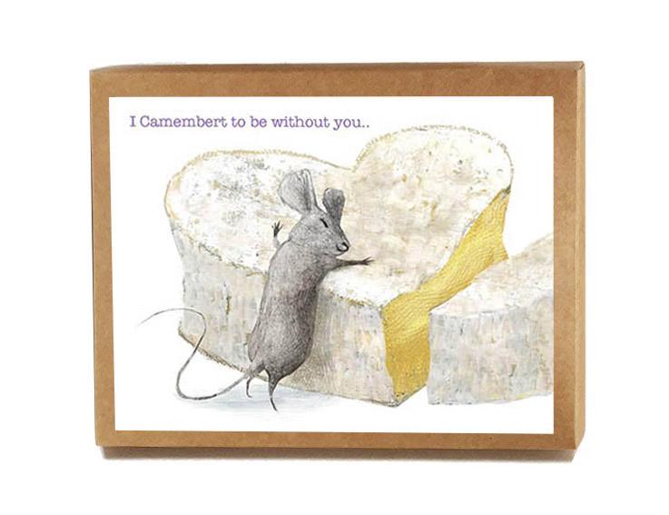 A set of 8 cheese-themed birthday cards featuring humorous puns, neatly packaged in a box with matching envelopes.