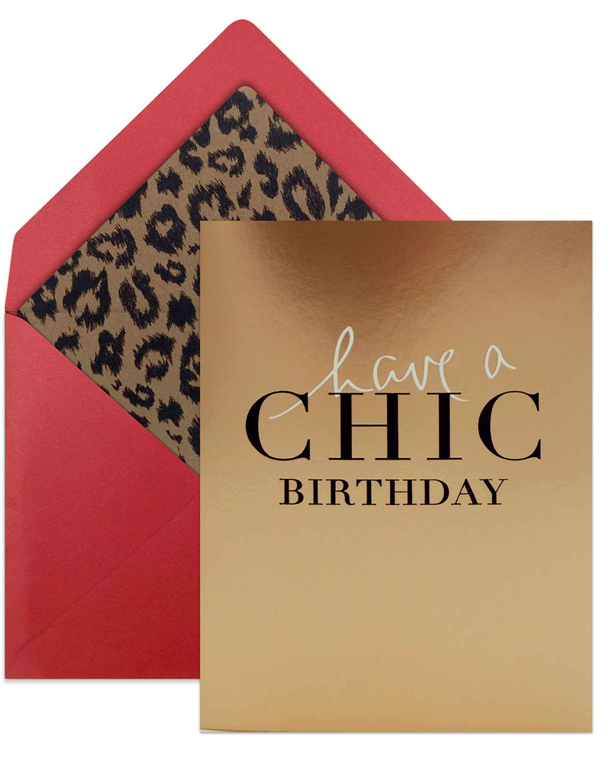 Chic Birthday card featuring stylish design and gold foil accents, with a lined envelope.