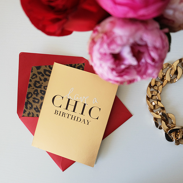 Chic Birthday card featuring stylish design and gold foil accents, with a lined envelope.