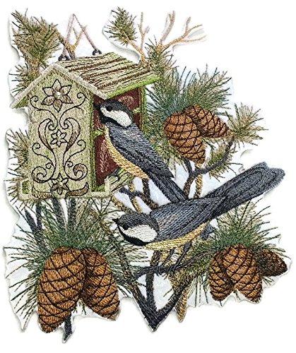 Chickadee Enchantment embroidered patch featuring a detailed chickadee design on a cotton base, ideal for iron-on or sewing applications.