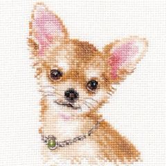 Chihuahua 1-30 Cross-stitch kit featuring white aida fabric, colorful threads, and an embroidery needle.