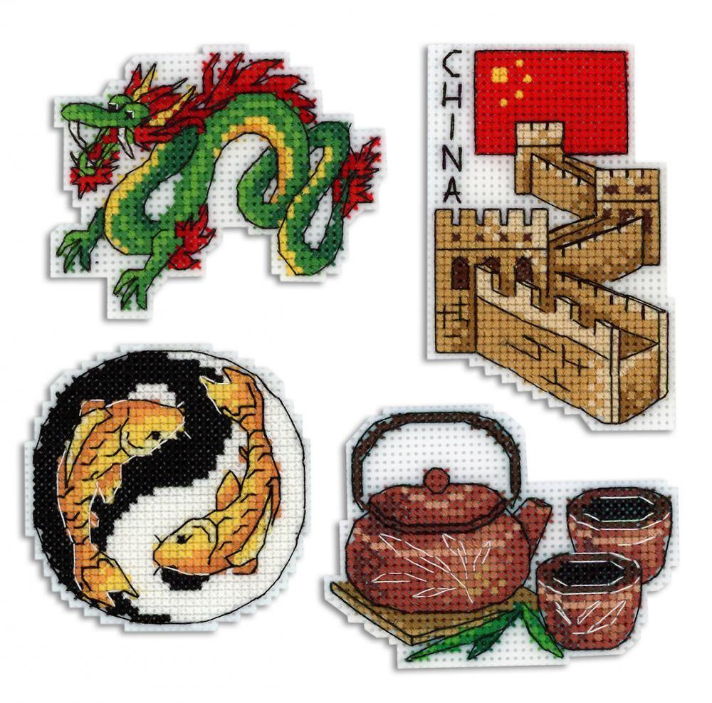 China Magnets Plastic Canvas Counted Cross Stitch Kit P-335 / SR-335 with colorful threads and plastic canvas for DIY fridge magnets.