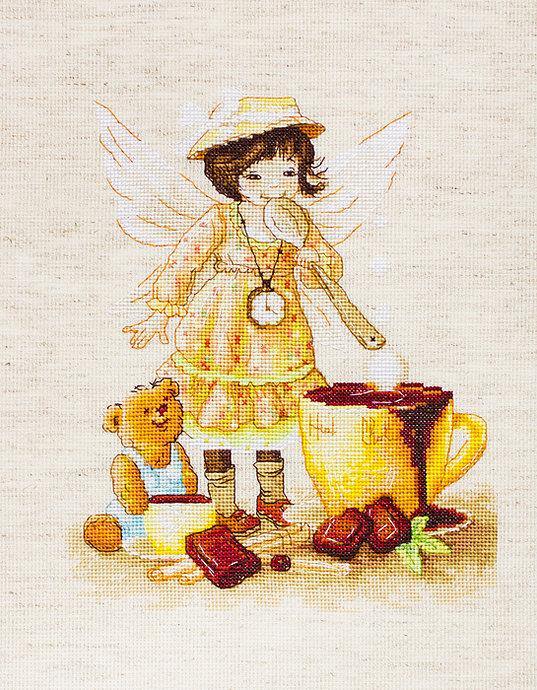 Chocolate Fairy B1131L Counted Cross-Stitch Kit featuring a fairy with hot chocolate and teddy bear on rustic canvas.