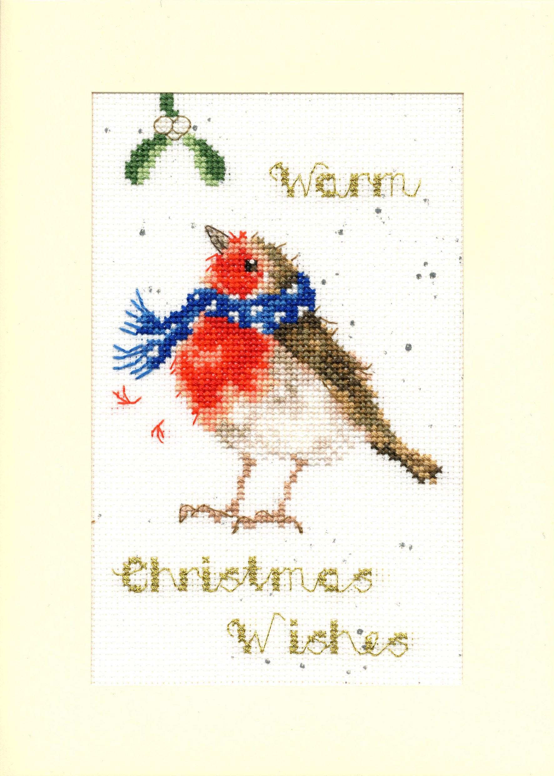 Christmas Card - Warm Wishes XMAS47 Counted Cross Stitch Kit with materials and finished card displayed.