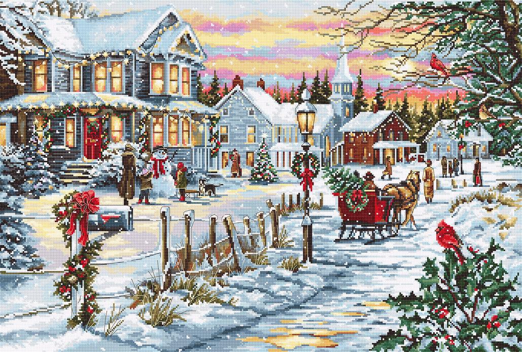 Christmas Eve B595L Counted Cross-Stitch Kit featuring Aida canvas, colorful threads, and needle for festive crafting.