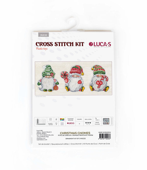 Christmas Gnomes JK030L Counted Cross-Stitch Kit featuring colorful threads, Aida canvas, and needle for festive crafting.