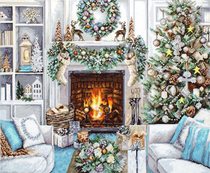 Christmas Interior B2394L Counted Cross-Stitch Kit featuring Aida canvas, Anchor floss, and needle for festive stitching.