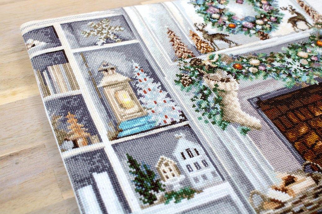 Christmas Interior B2394L Counted Cross-Stitch Kit featuring Aida canvas, Anchor floss, and needle for festive stitching.