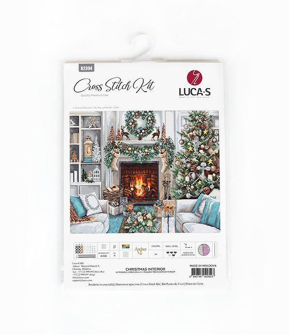 Christmas Interior B2394L Counted Cross-Stitch Kit featuring Aida canvas, Anchor floss, and needle for festive stitching.