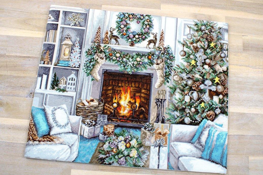 Christmas Interior B2394L Counted Cross-Stitch Kit featuring Aida canvas, Anchor floss, and needle for festive stitching.