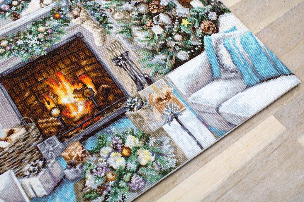 Christmas Interior B2394L Counted Cross-Stitch Kit featuring Aida canvas, Anchor floss, and needle for festive stitching.