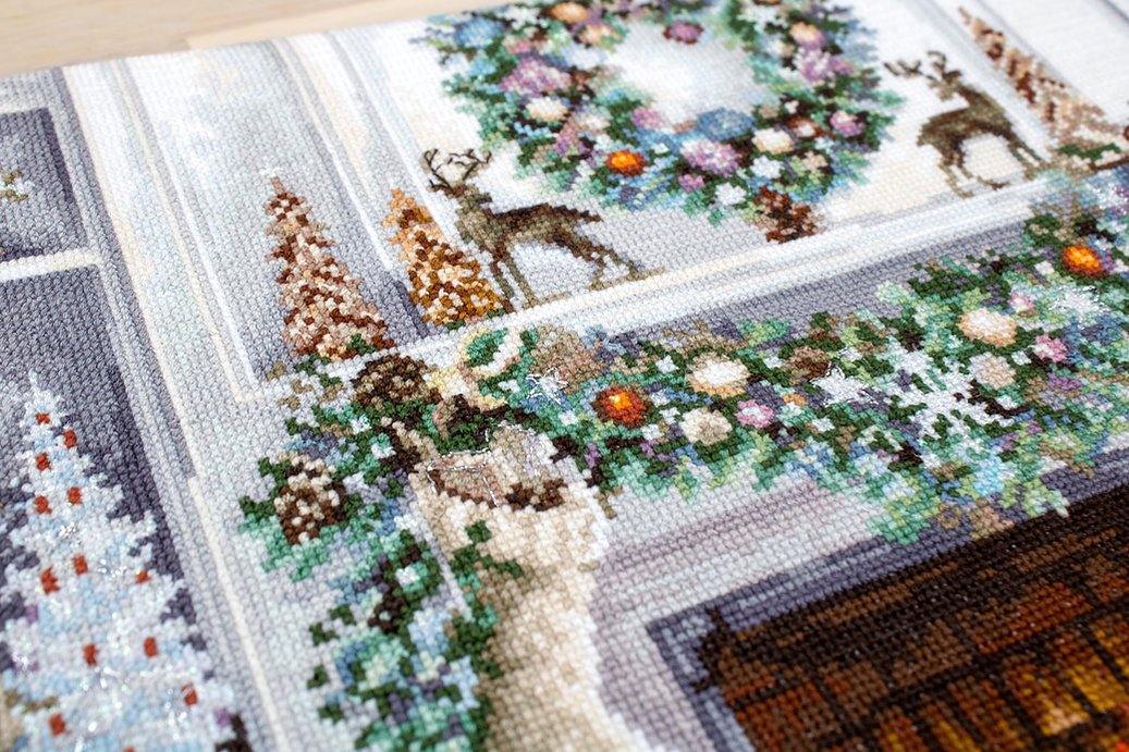 Christmas Interior B2394L Counted Cross-Stitch Kit featuring Aida canvas, Anchor floss, and needle for festive stitching.