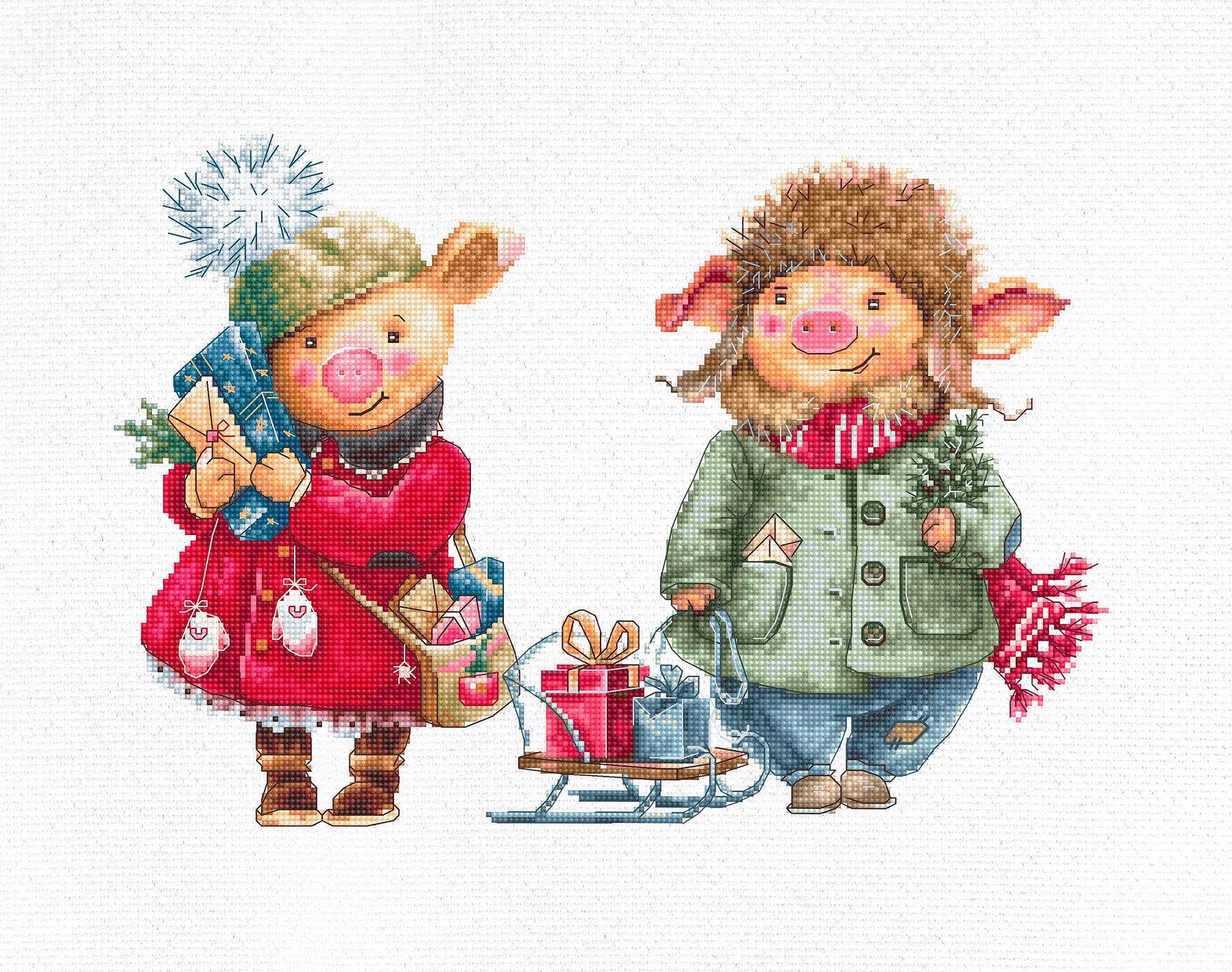 Christmas pigs counted cross-stitch kit with colorful threads and canvas.