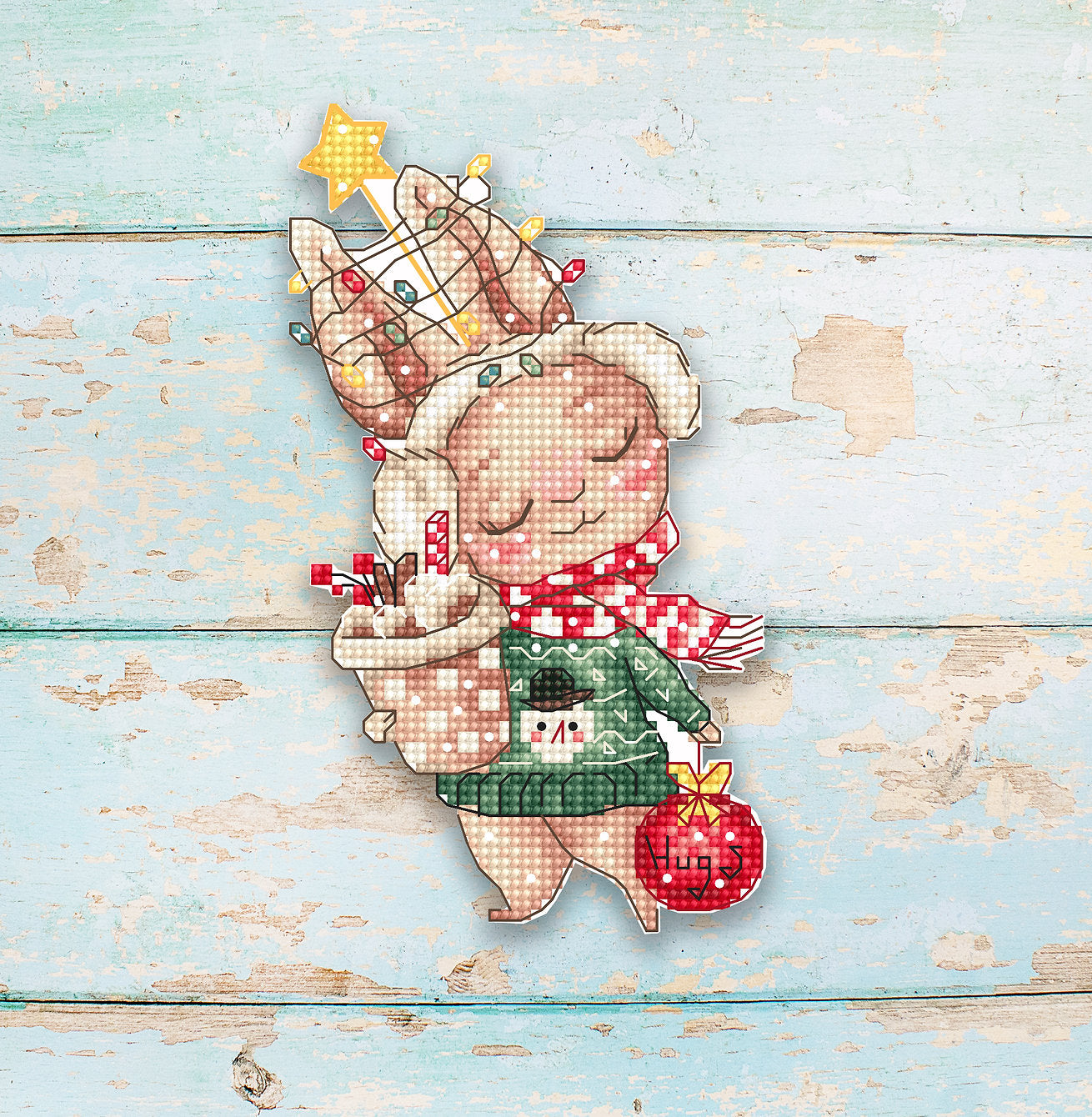 Christmas Rabbit ornament cross stitch kit with vibrant colors and detailed design, includes canvas, thread, needle, and instructions.