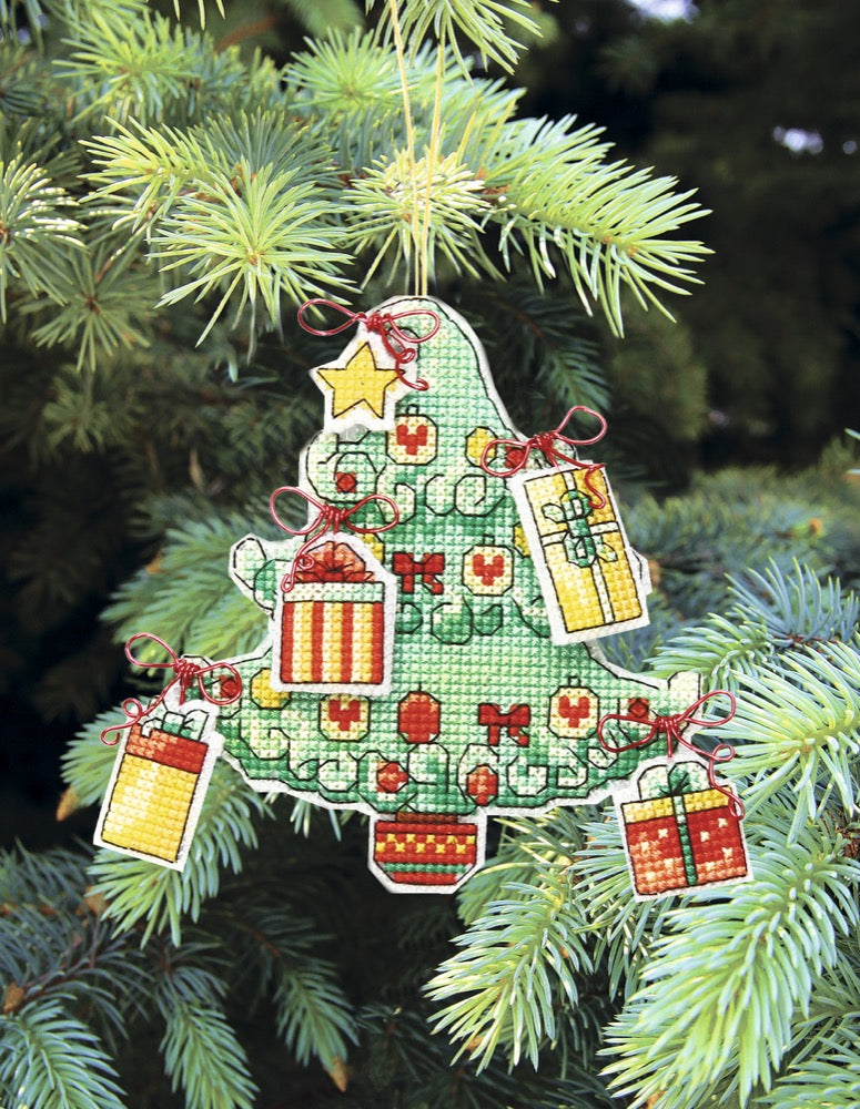 Colorful Christmas tree toy cross-stitch kit with plastic canvas, cotton floss, and felt materials.