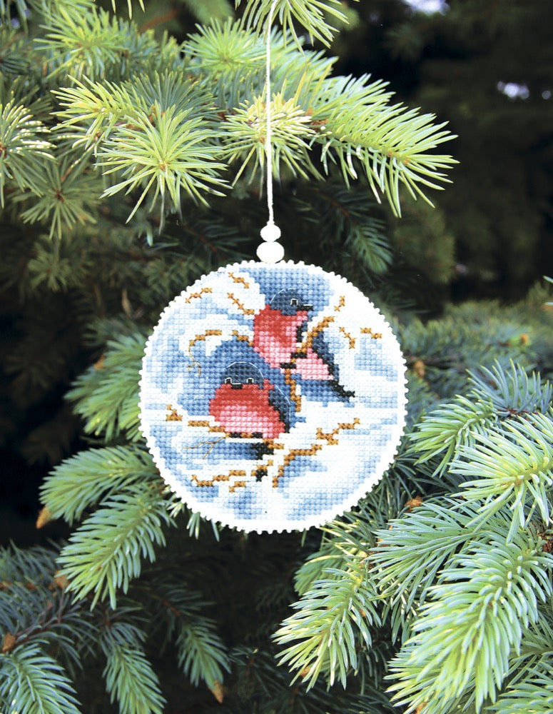 Colorful Christmas tree toy cross-stitch kit with plastic canvas, cotton floss, beads, and felt, perfect for holiday crafting.