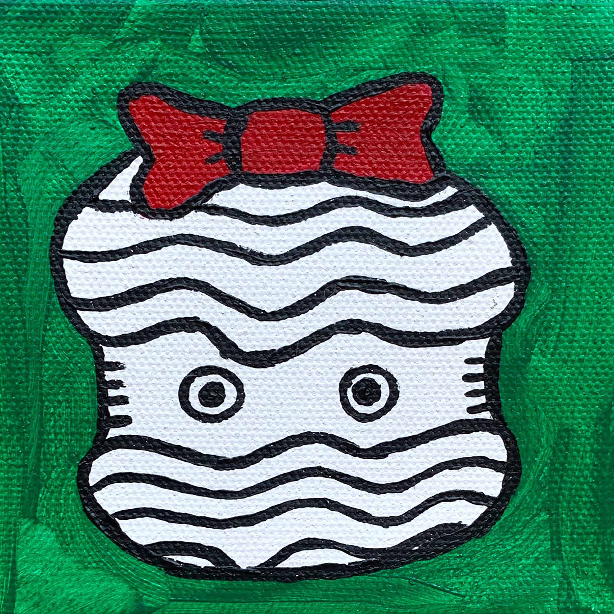 Original acrylic painting of a clam with a red bow on a bright green background, measuring 4in x 4in.