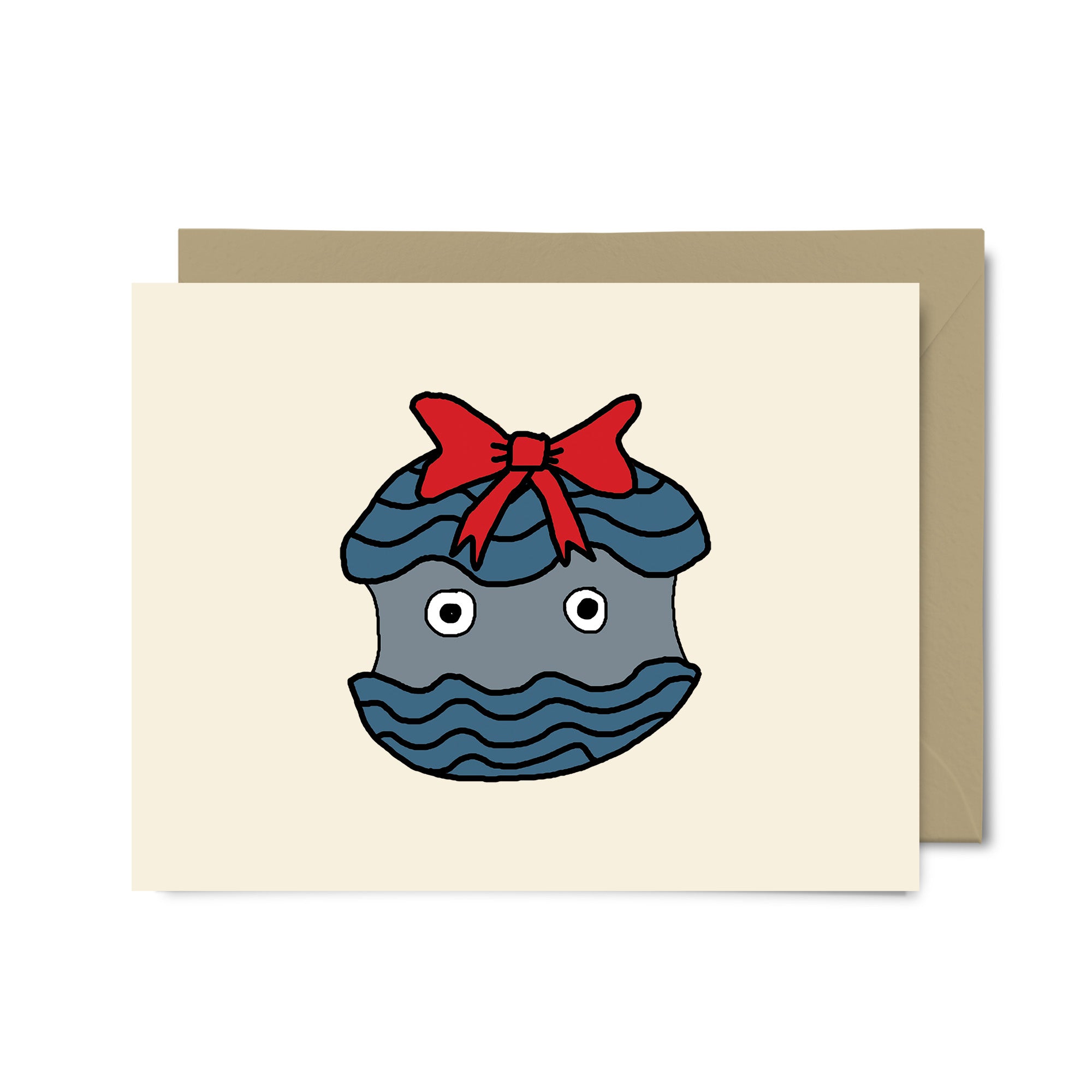 A set of five notecards featuring a clam with a bow, packaged in a clear plastic box, showcasing the charming ocean-themed design.