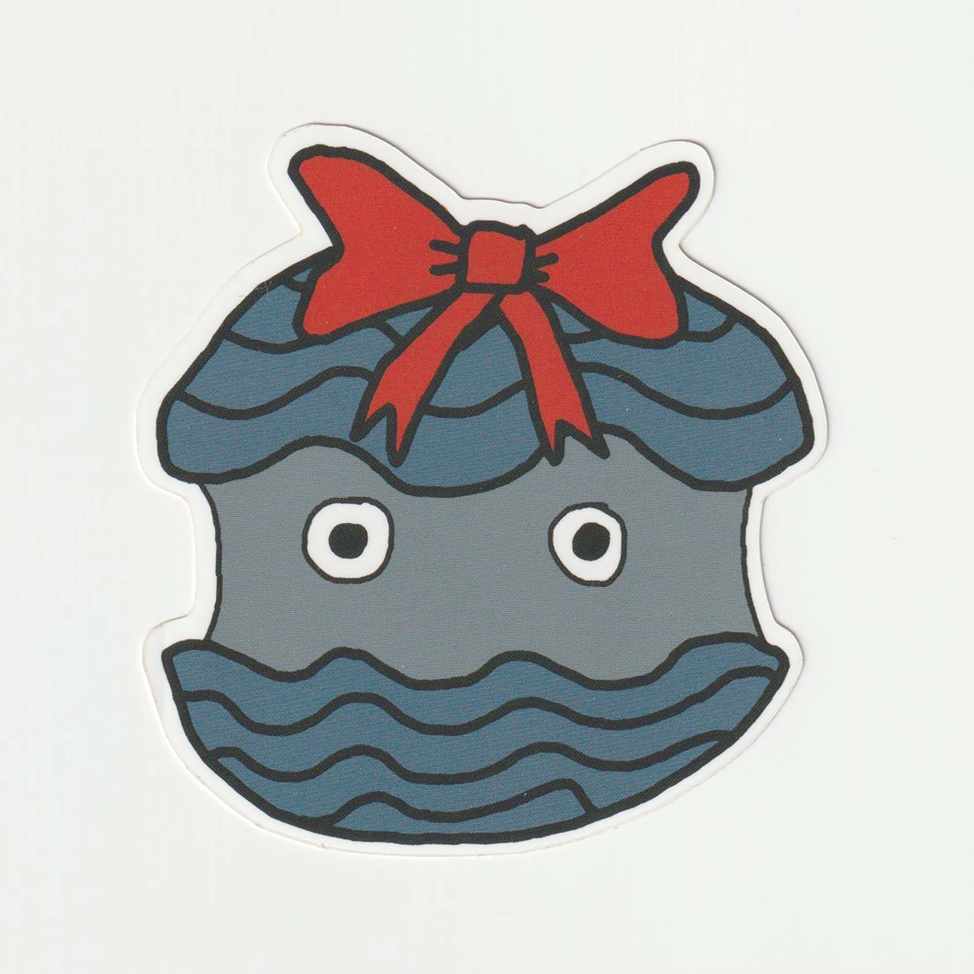 A colorful vinyl sticker featuring a clam with a red bow, measuring 3x3 inches, showcasing a glossy laminate finish.