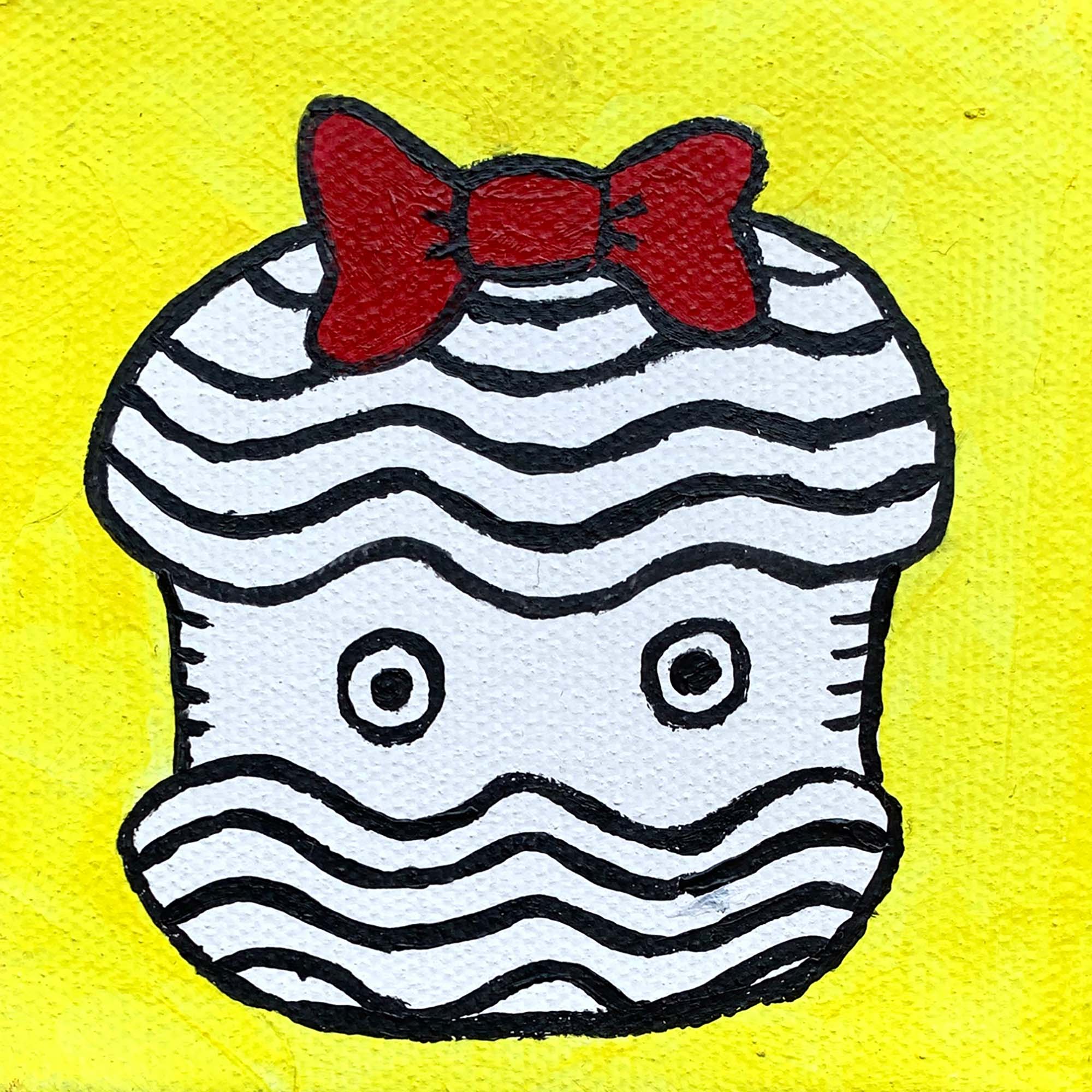 Original acrylic painting of a clam with a red bow on a bright yellow background, measuring 4in x 4in.