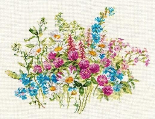 Clever & Daisies 2-33 Cross-stitch kit featuring white aida fabric, colorful threads, and an embroidery needle.