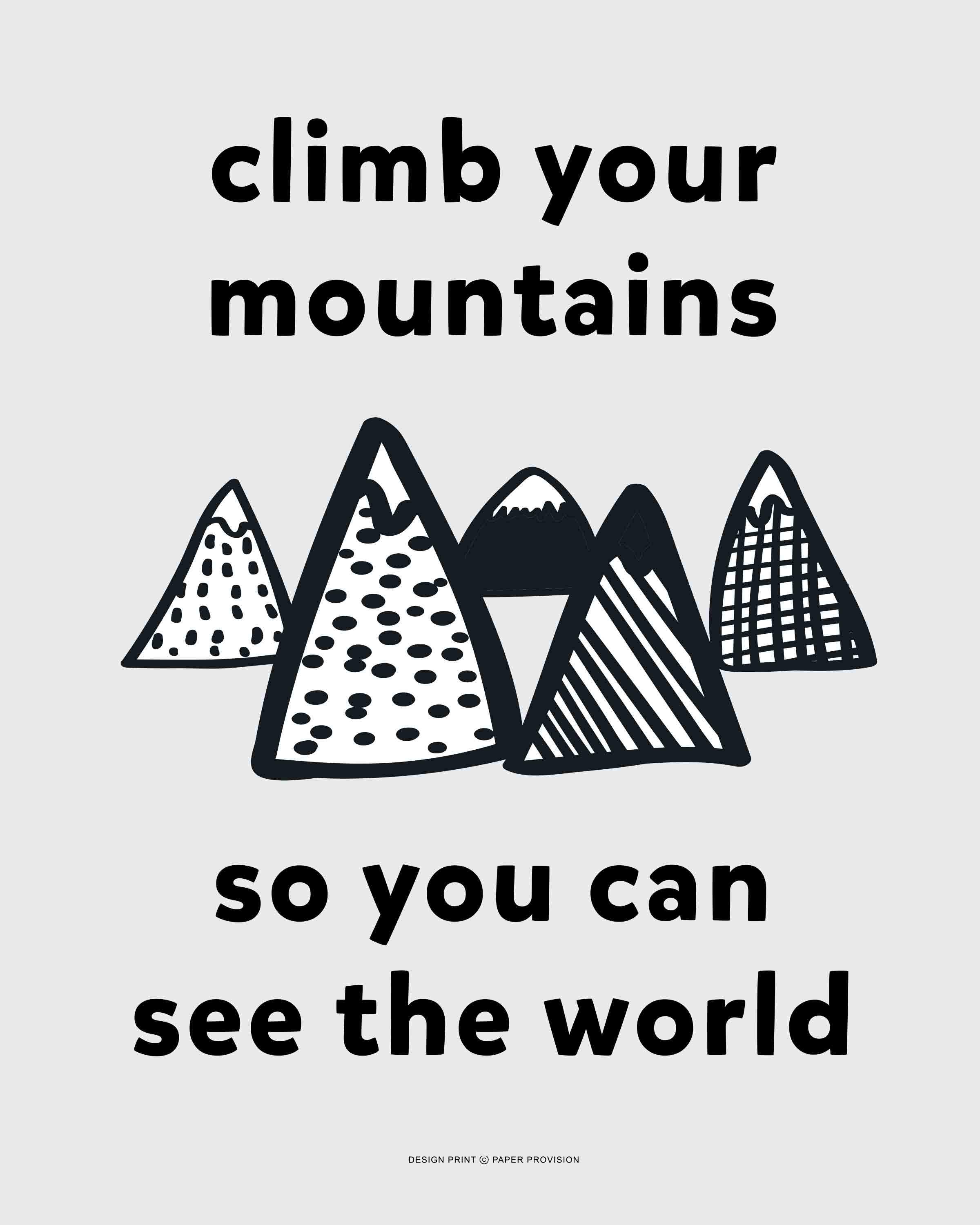 Colorful 'Climb Your Mountains' art print designed for children's decor, featuring vibrant imagery and high-quality printing.