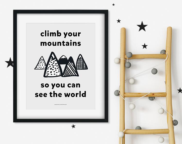 Colorful 'Climb Your Mountains' art print designed for children's decor, featuring vibrant imagery and high-quality printing.