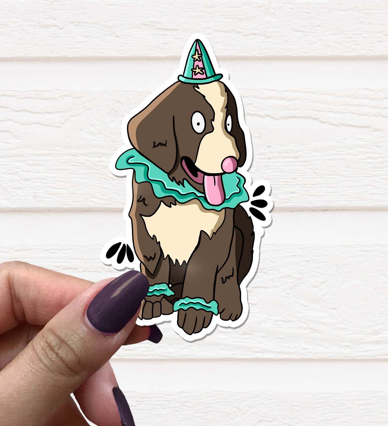 Clown Dog 1 Vinyl Sticker featuring a colorful clown dog design on a matte background, perfect for personalizing items.