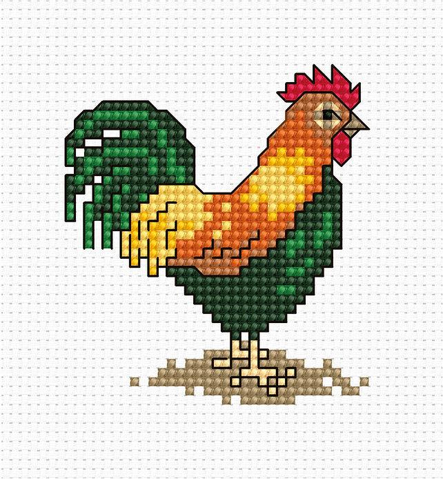 Cock B018L Counted Cross-Stitch Kit featuring Aida canvas, Anchor threads, and needle with instructions.