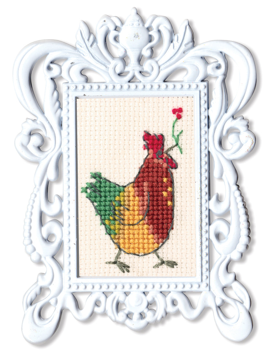 Cock FA006 Counted Cross Stitch Kit with Aida canvas, DMC threads, needle, chart, and frame, showcasing vibrant colors and detailed instructions.